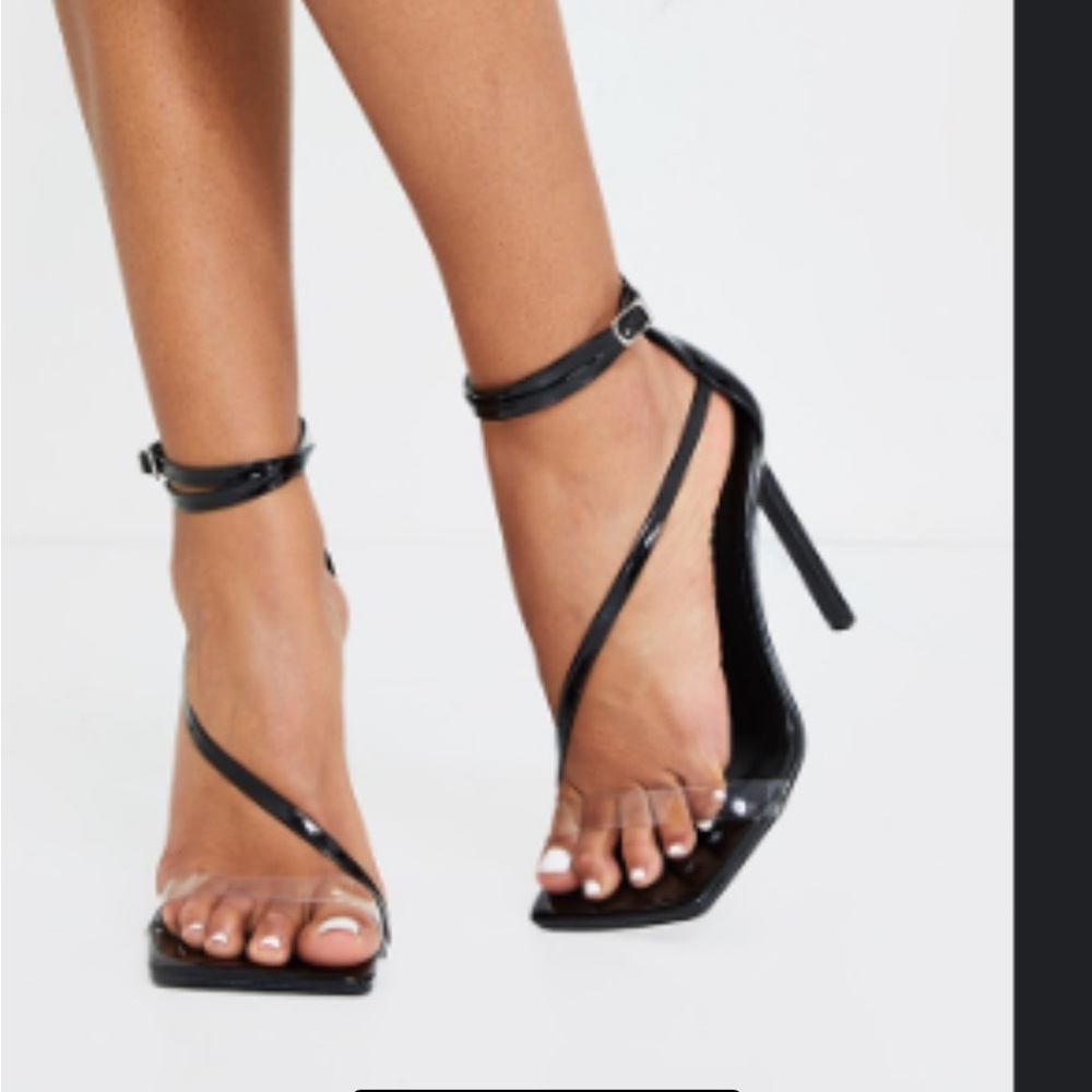 Black Square Toe Asymmetric Sexy Strap Heel - Wide Fit